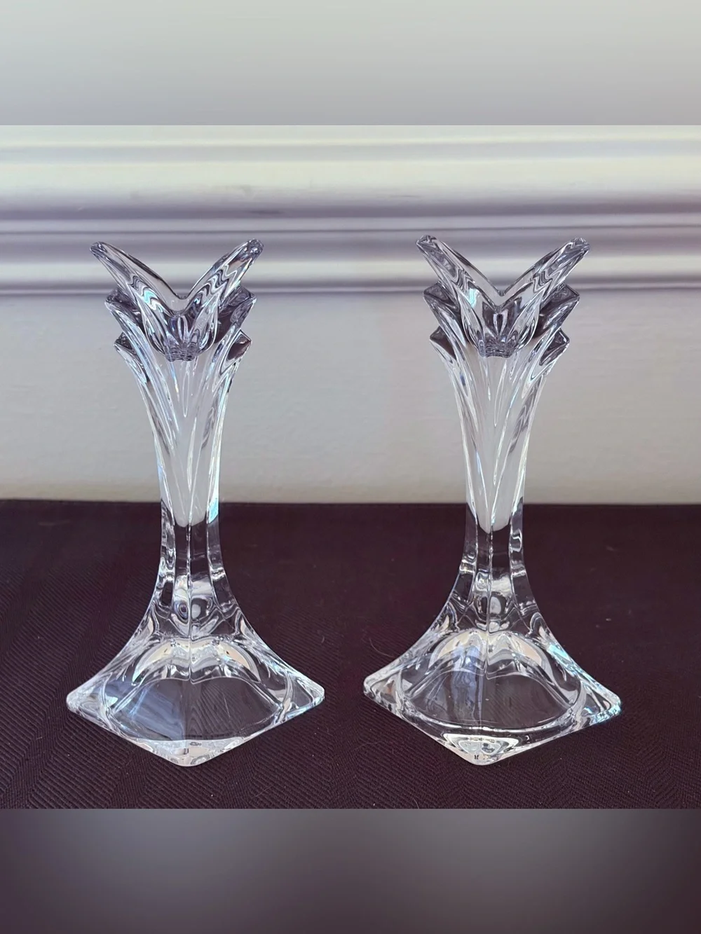Pair Of Vintage Mikasa Deco Fine Lead Crystal Candlestick Holders 5” EUC
